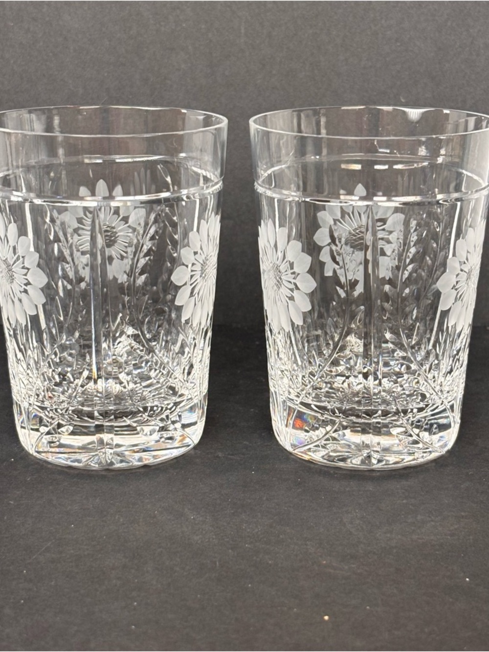 Pair Royal Brierley Etched Crystal Tumblers - Kensington Palace Flower Sunflower - Picture 2 of 10